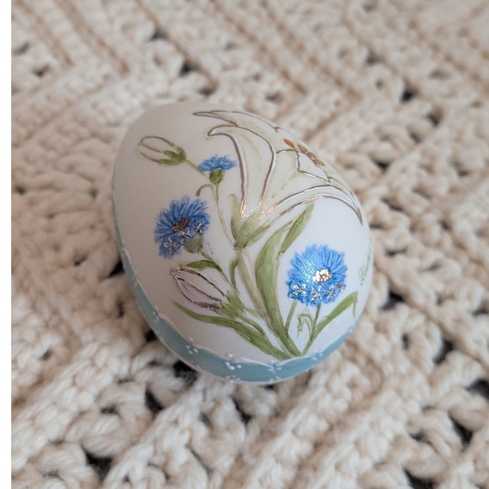 Hand Painted Ceramic Easter Egg Gladys N Signed Floral Lily Blue Cornflower Gold